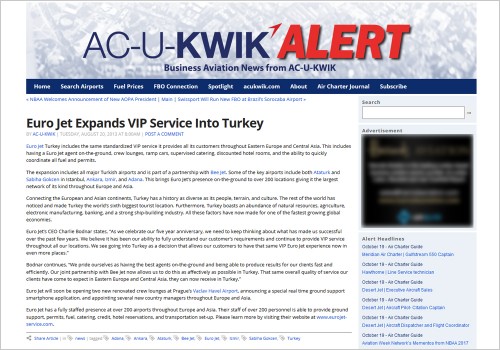 EURO JET EXPANDS VIP SERVICE INTO TURKEY