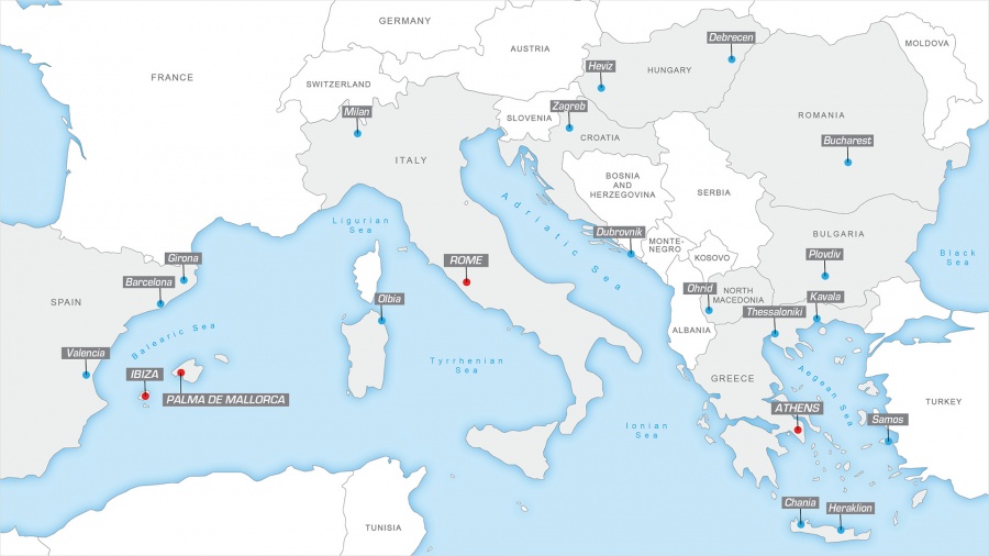Our Alternate Airports document contains an overview of the best alternatives in the region for Greece, Italy, and the Spanish islands of Ibiza and Mallorca. You can find the link below.